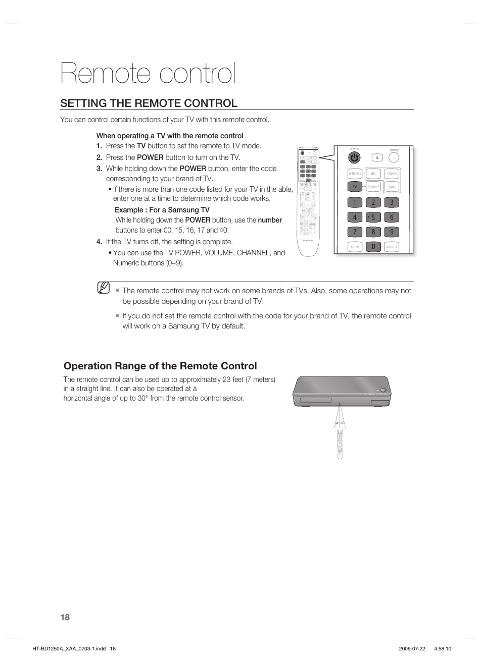 Remote control, Setting the remote control | Samsung HT-BD1250 User Manual | Page 18 / 108