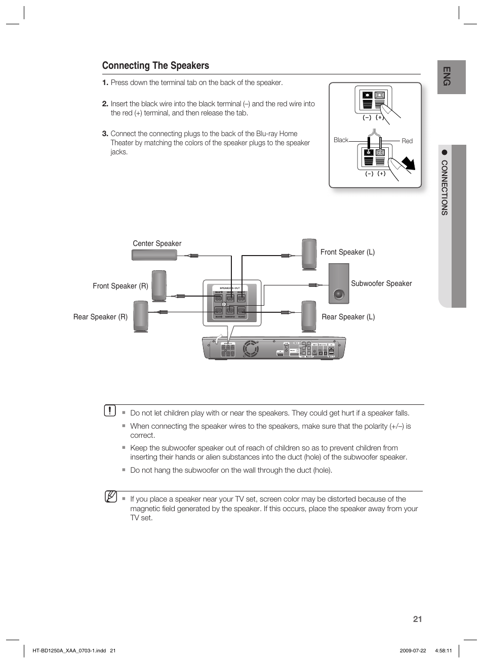 Connecting the speakers | Samsung HT-BD1250 User Manual | Page 21 / 108