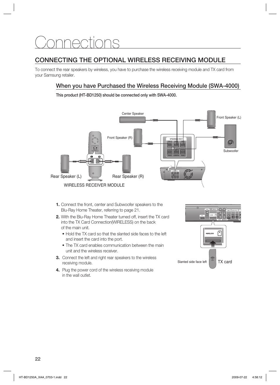 Connections, Connecting the optional wireless receiving module | Samsung HT-BD1250 User Manual | Page 22 / 108