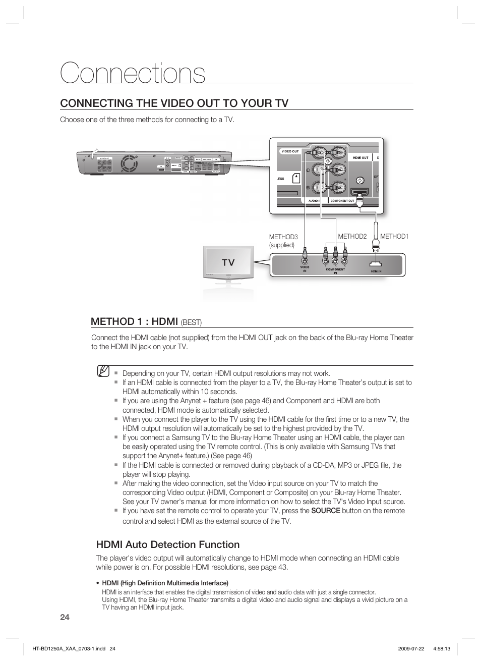 Connections, Connecting the video out to your tv | Samsung HT-BD1250 User Manual | Page 24 / 108
