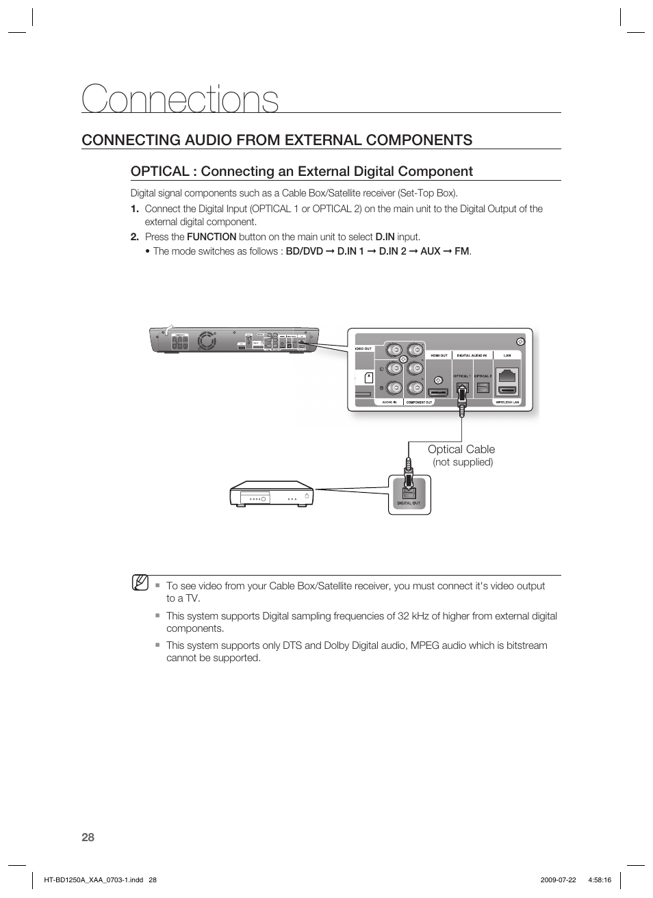 Connections, Connecting audio from external components | Samsung HT-BD1250 User Manual | Page 28 / 108