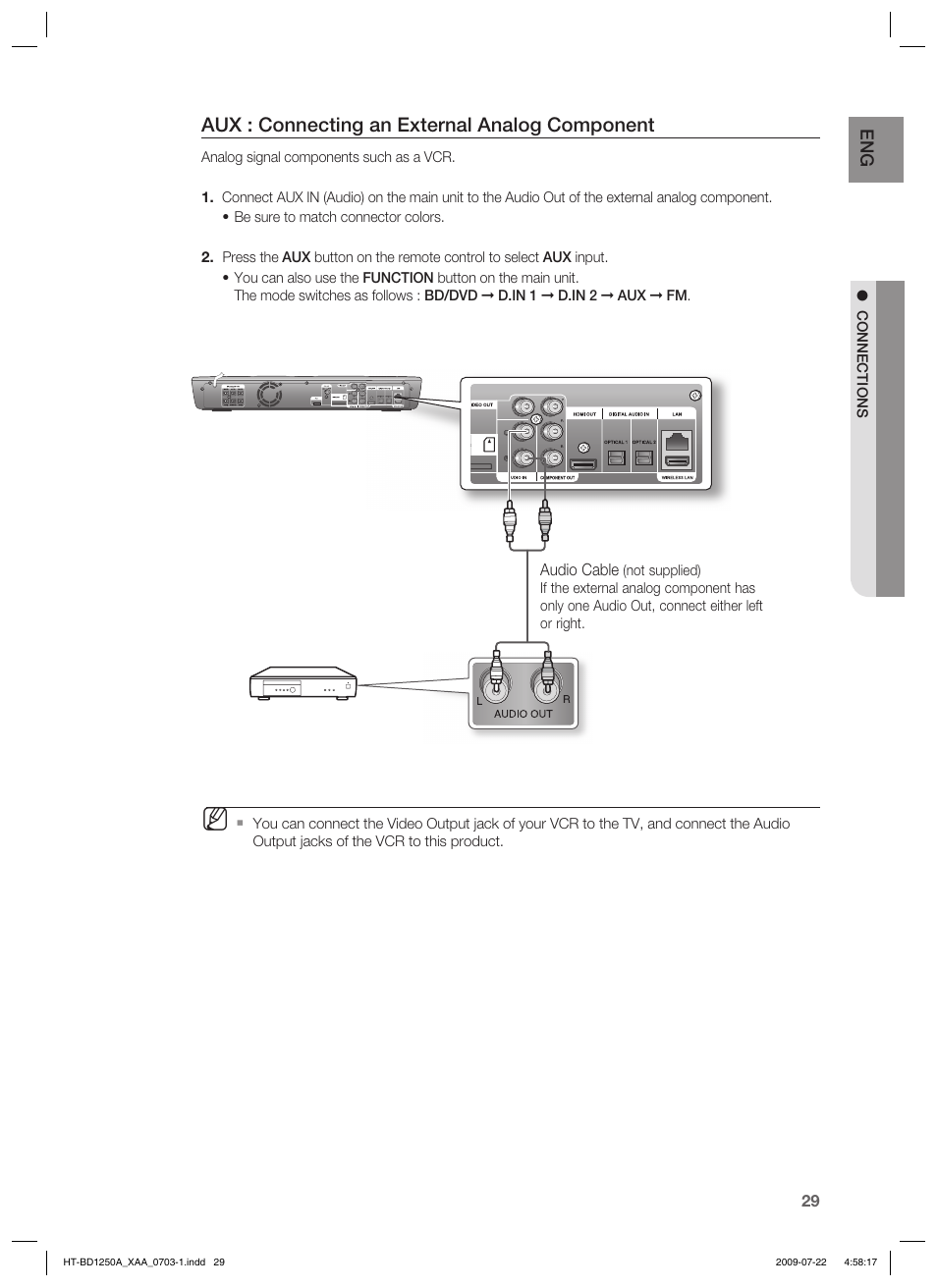 Aux : connecting an external analog component | Samsung HT-BD1250 User Manual | Page 29 / 108