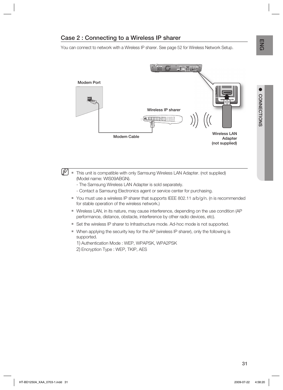 Case 2 : connecting to a wireless ip sharer | Samsung HT-BD1250 User Manual | Page 31 / 108