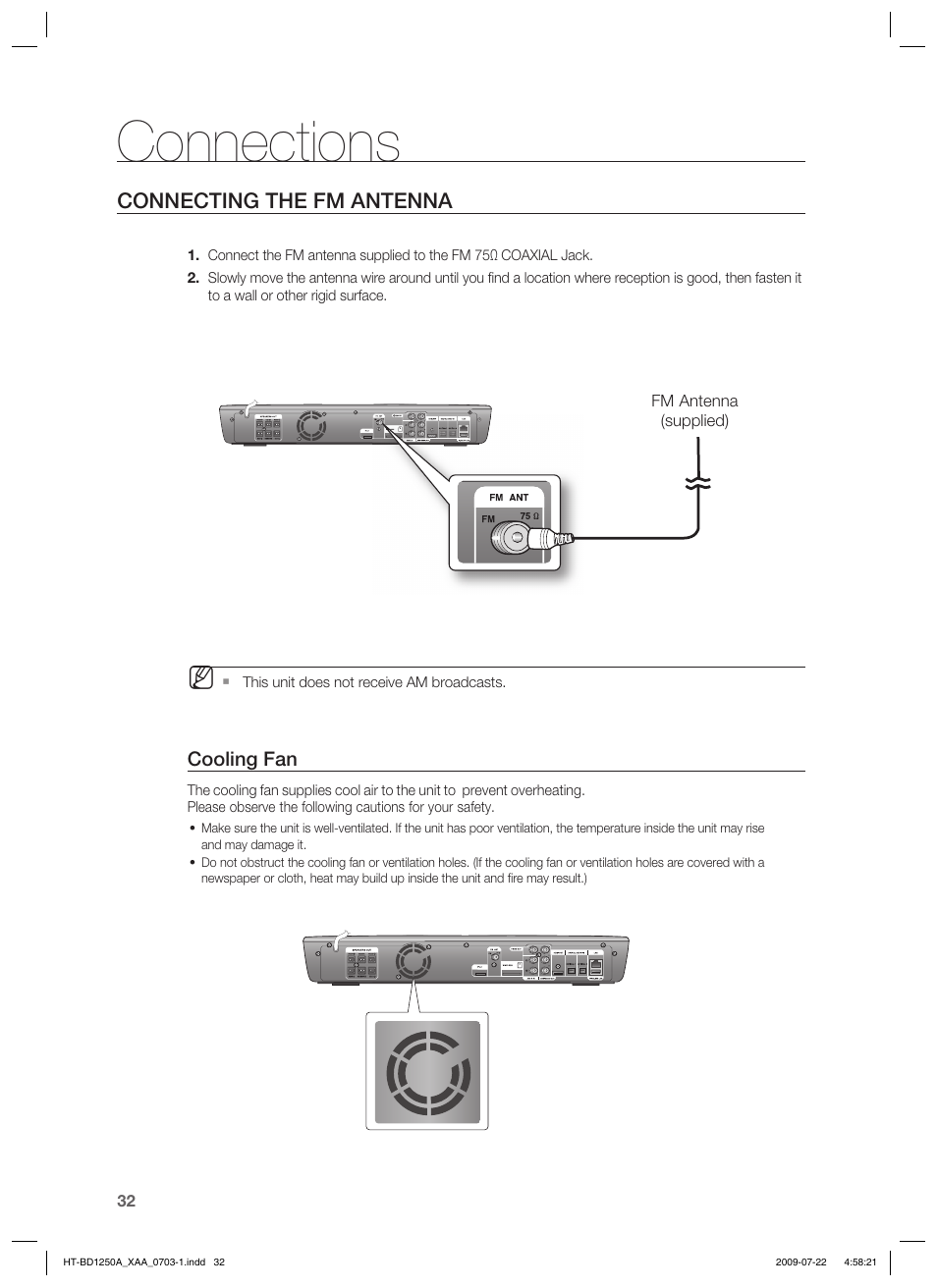 Connections, Connecting the fm antenna | Samsung HT-BD1250 User Manual | Page 32 / 108