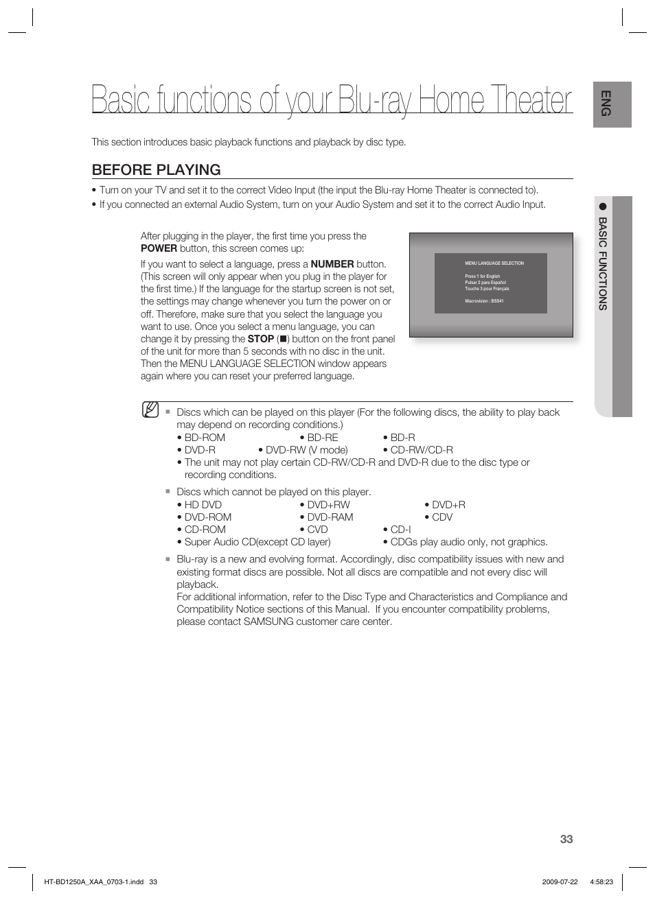 Basic functions of your blu-ray home theater, Before playing | Samsung HT-BD1250 User Manual | Page 33 / 108
