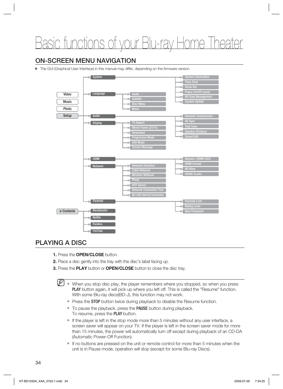 Basic functions of your blu-ray home theater, On-screen menu navigation, Playing a disc | Samsung HT-BD1250 User Manual | Page 34 / 108