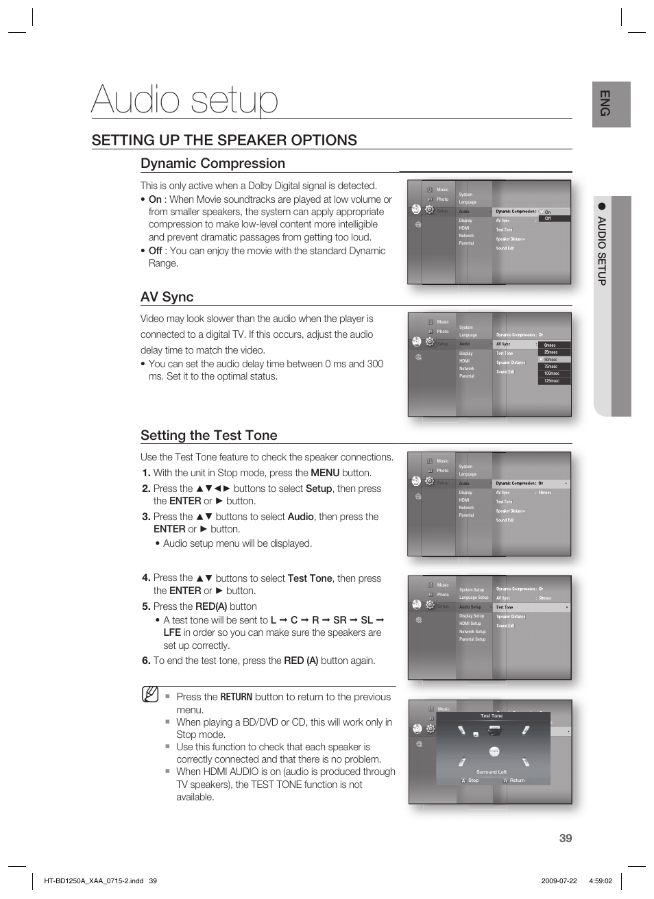 Setting up the speaker options, Setting the test tone, Dynamic compression | Av sync, Audio setup | Samsung HT-BD1250 User Manual | Page 39 / 108