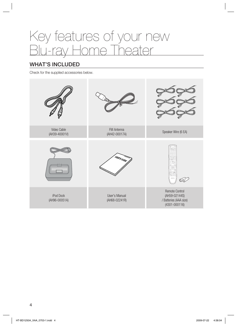 Key features of your new blu-ray home theater, What’s included | Samsung HT-BD1250 User Manual | Page 4 / 108