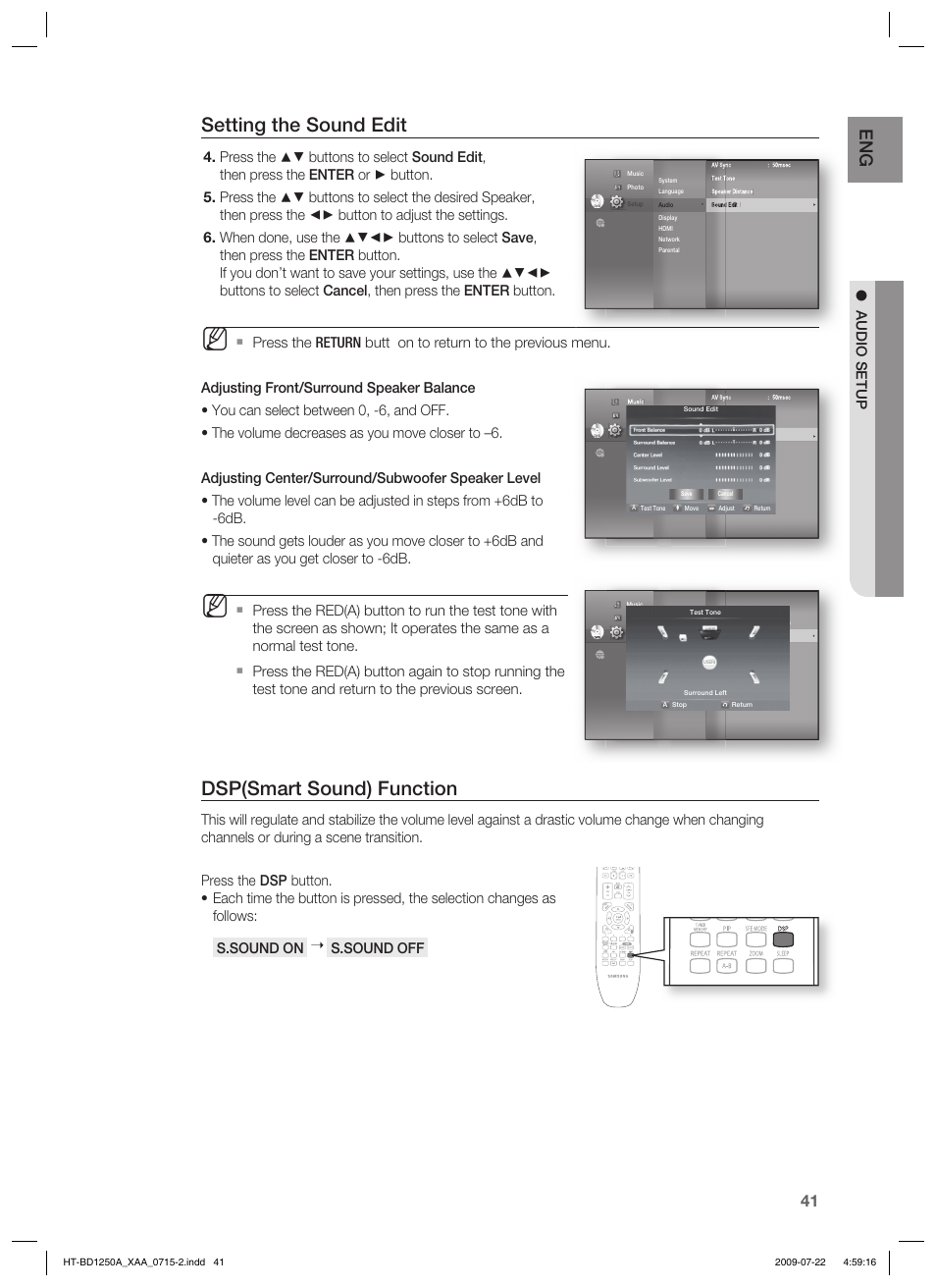 Setting the sound edit, Dsp(smart sound) function, Audio setup | S.sound off 4. 5. 6 | Samsung HT-BD1250 User Manual | Page 41 / 108