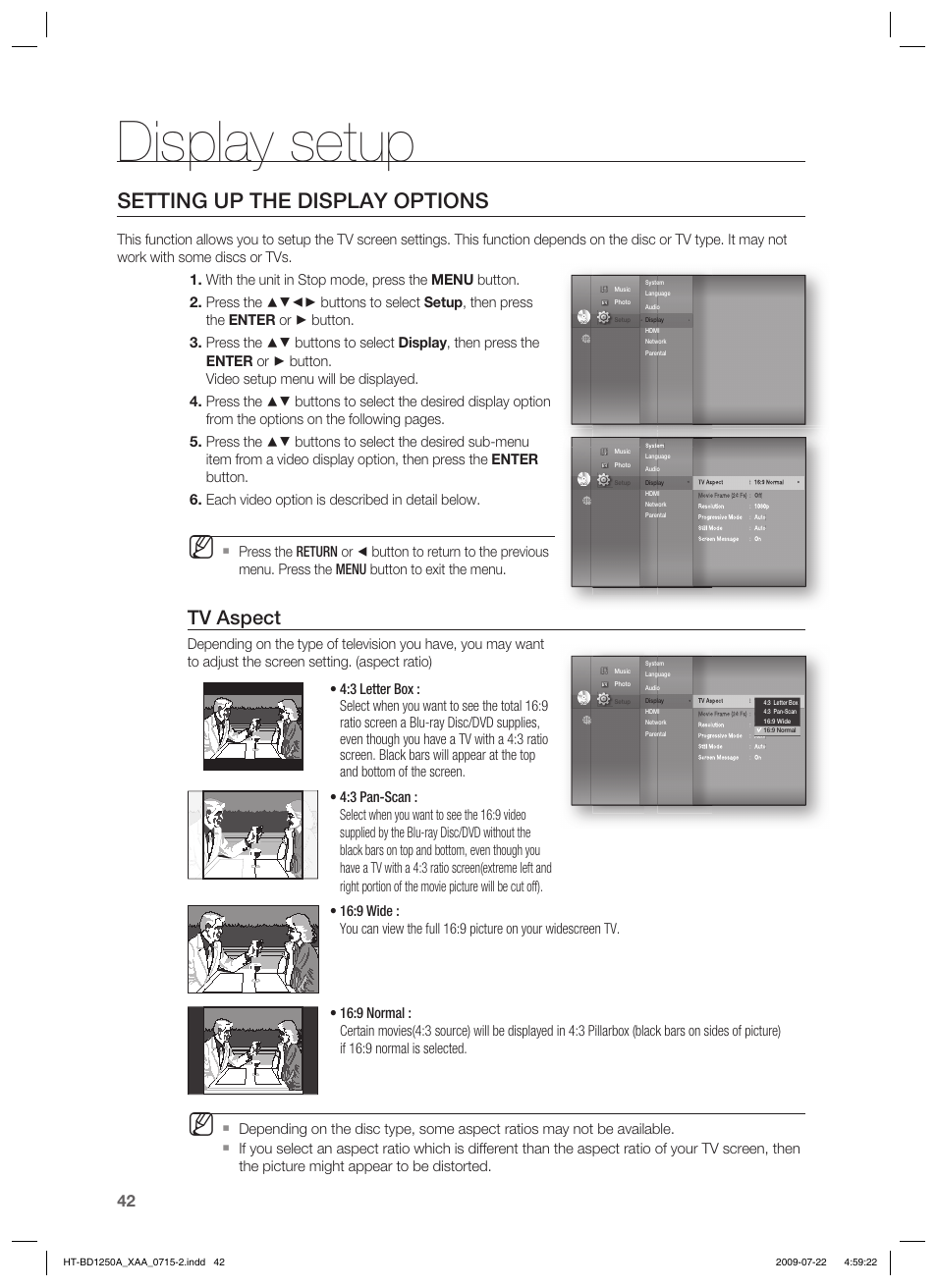 Display setup, Setting up the display options, Tv aspect | Samsung HT-BD1250 User Manual | Page 42 / 108