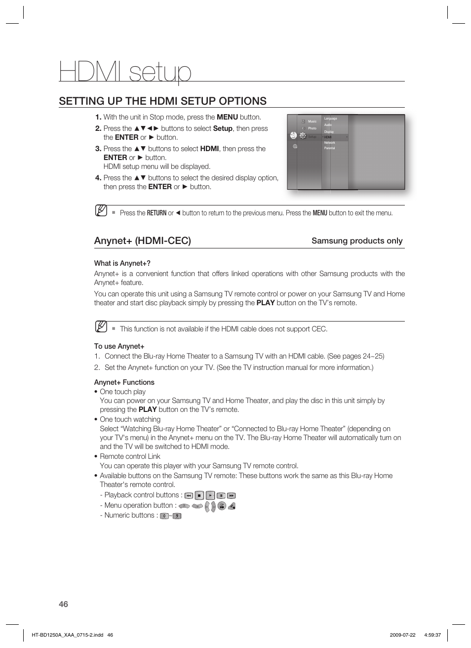 Hdmi setup, Setting up the hdmi setup options, Anynet+ (hdmi-cec) | Samsung HT-BD1250 User Manual | Page 46 / 108