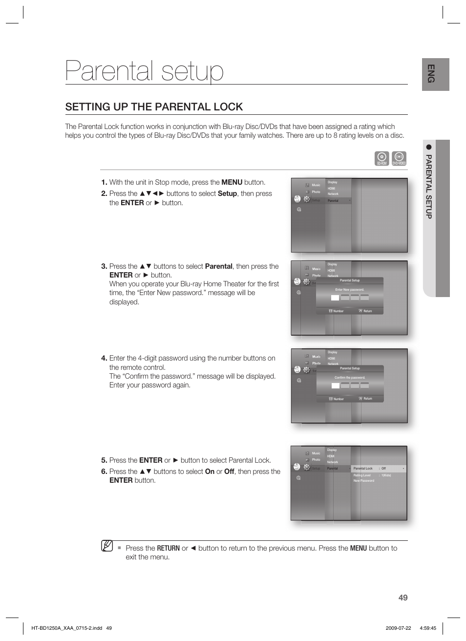 Parental setup, Setting up the parental lock | Samsung HT-BD1250 User Manual | Page 49 / 108