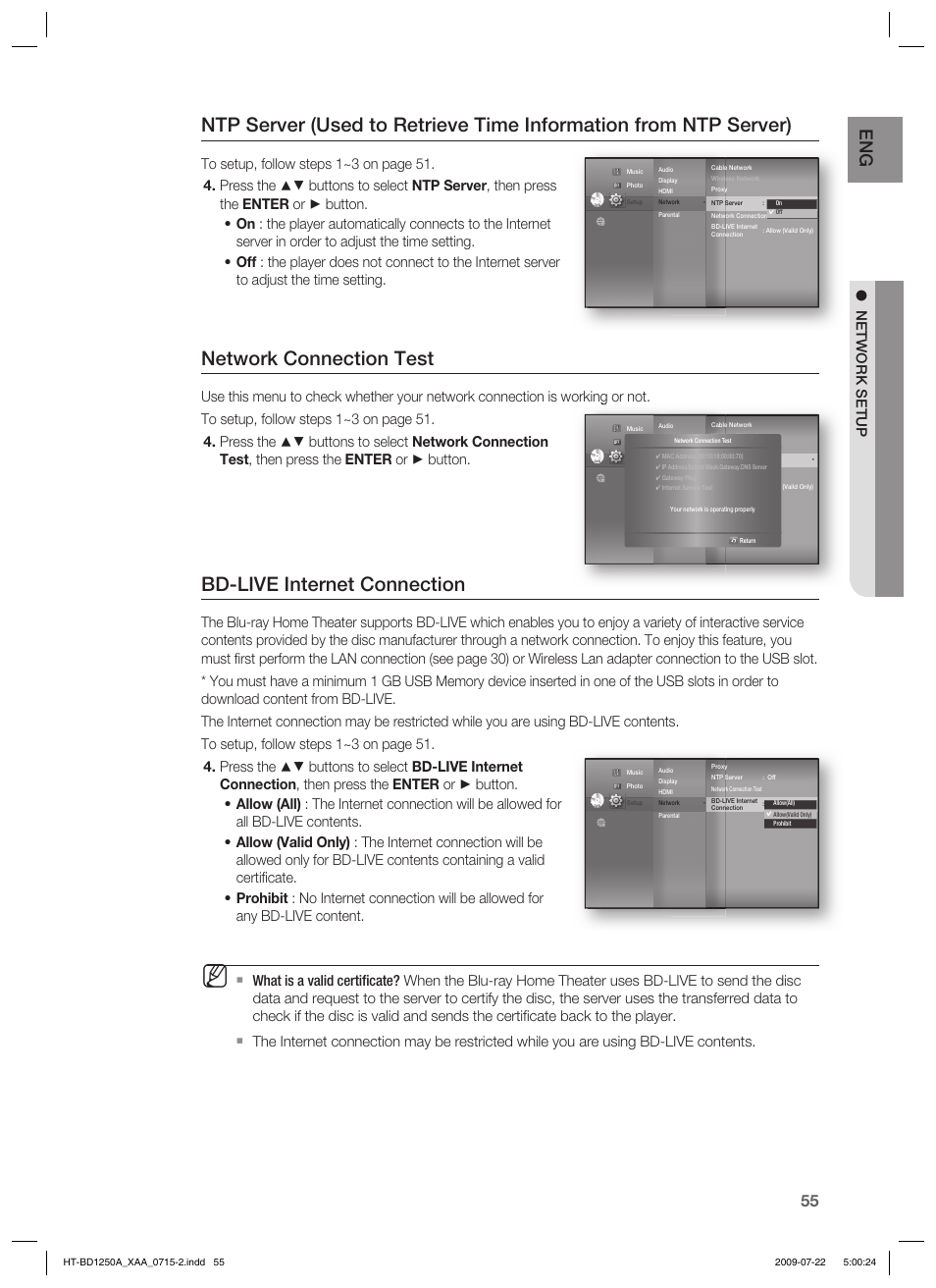 Network connection test, Bd-live internet connection, Network setup | Samsung HT-BD1250 User Manual | Page 55 / 108