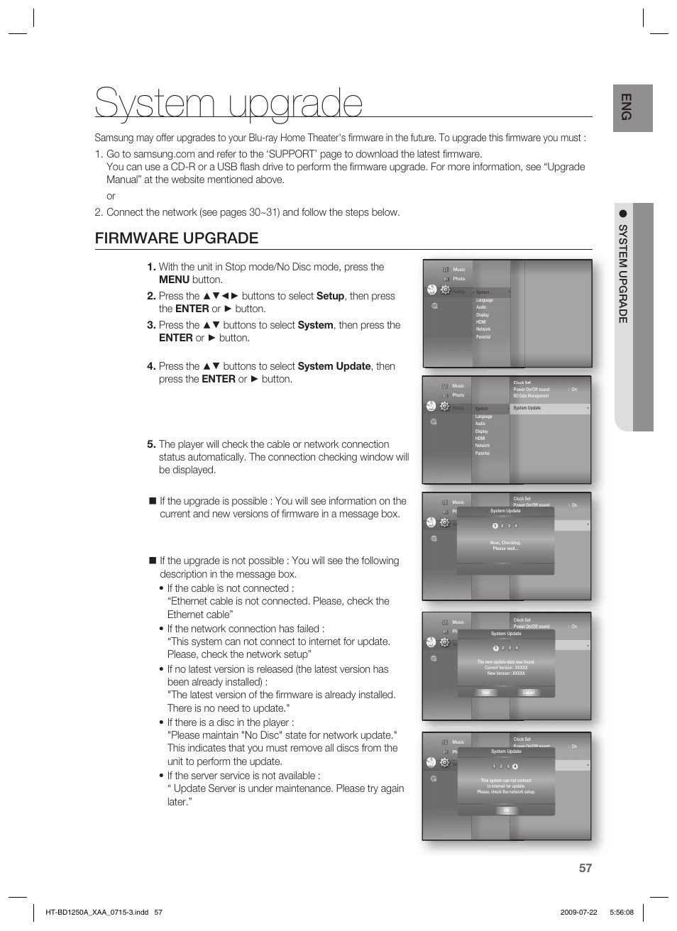 System upgrade, Firmware upgrade | Samsung HT-BD1250 User Manual | Page 57 / 108