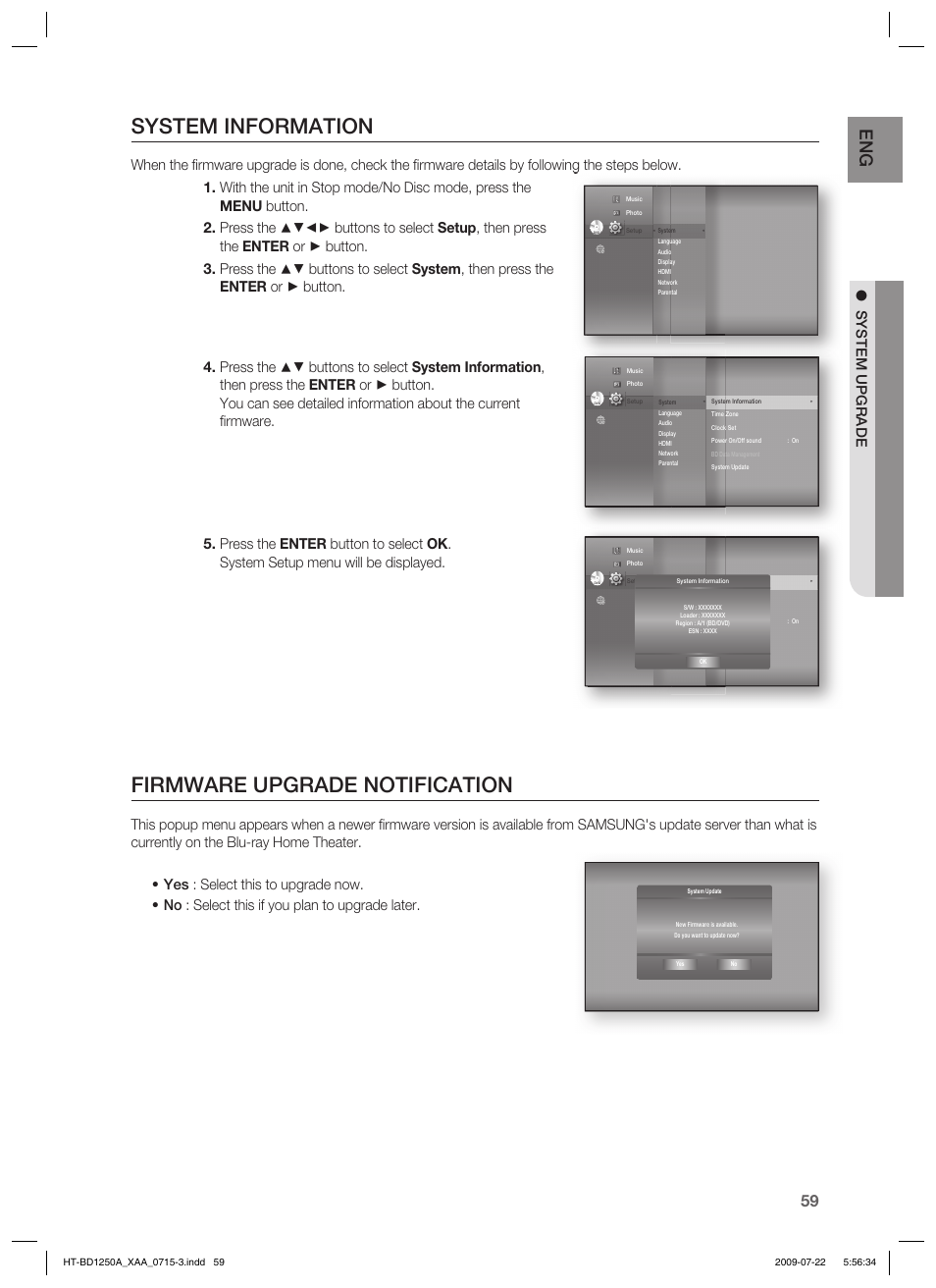 System information, Firmware upgrade notification, System upgrade | Samsung HT-BD1250 User Manual | Page 59 / 108