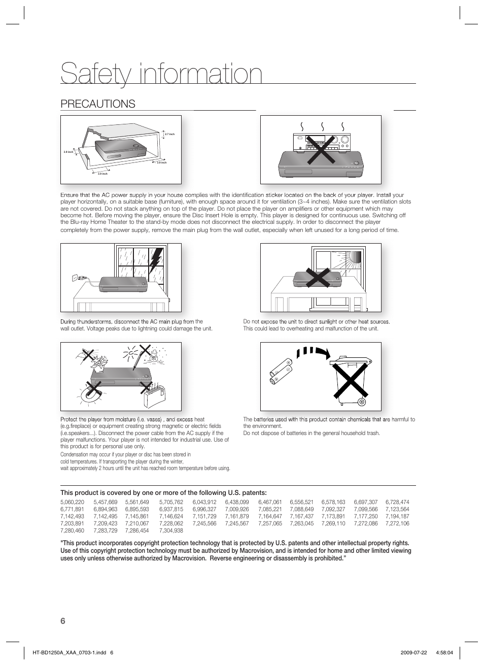Safety information, Precautions | Samsung HT-BD1250 User Manual | Page 6 / 108