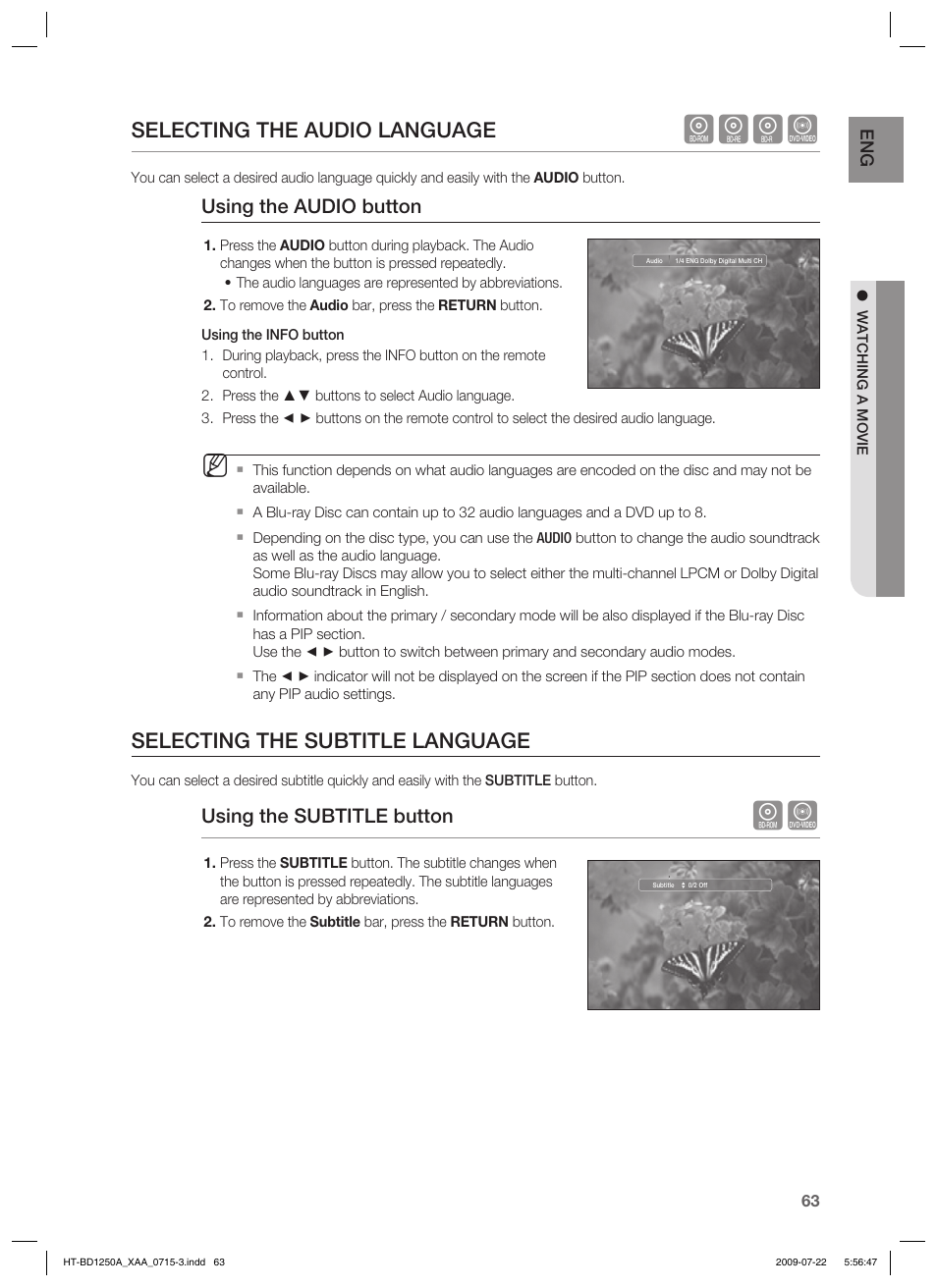 Hgfz, Selecting the audio language, Selecting the subtitle language | Using the audio button, Using the subtitle button | Samsung HT-BD1250 User Manual | Page 63 / 108