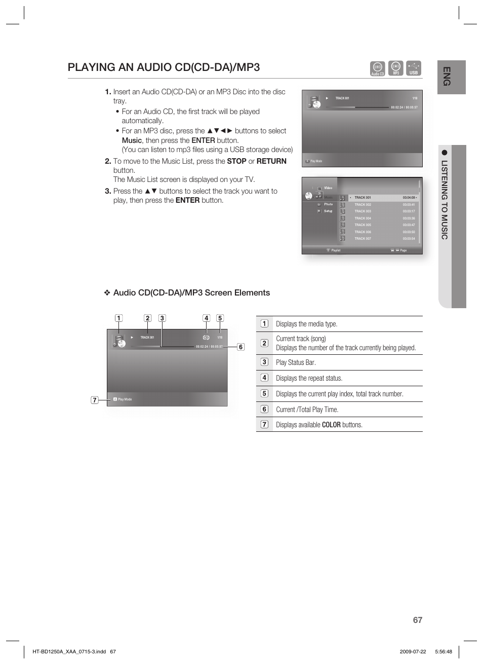 Playing an audio cd(cd-da)/mp3, Audio cd(cd-da)/mp3 screen elements, Listening to music | Samsung HT-BD1250 User Manual | Page 67 / 108