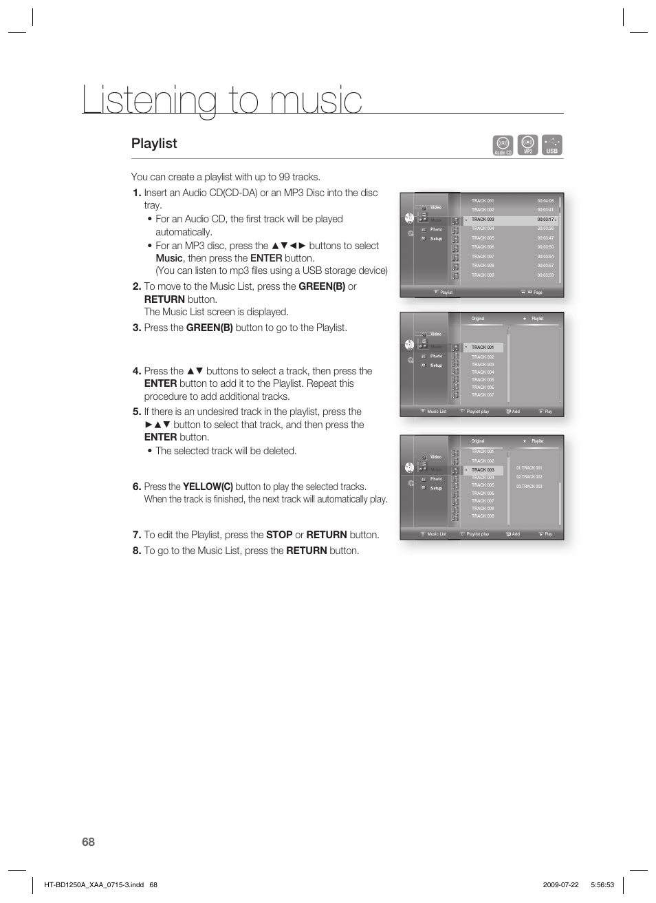 Listening to music, Playlist | Samsung HT-BD1250 User Manual | Page 68 / 108