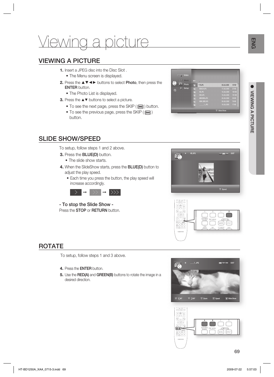 Viewing a picture, Slide show/speed, Rotate | Disc slot, The menu screen is displayed, The photo list is displayed, Press the stop or return button, Insert a jpeg disc into the, Press the, Buttons to select a picture | Samsung HT-BD1250 User Manual | Page 69 / 108
