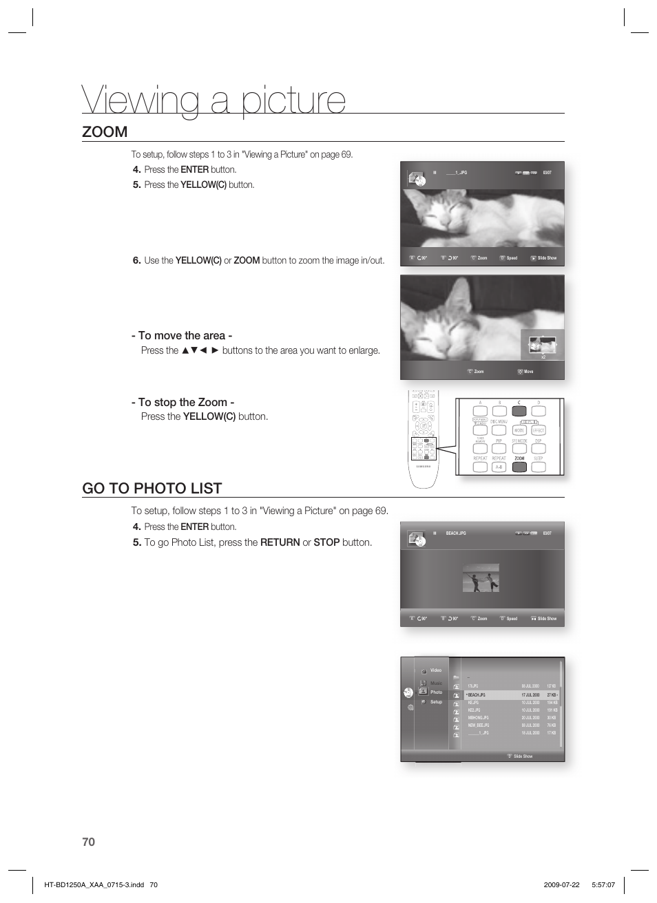 Viewing a picture, Zoom, Go to photo list | Press the yellow(c) button, Press the enter button | Samsung HT-BD1250 User Manual | Page 70 / 108