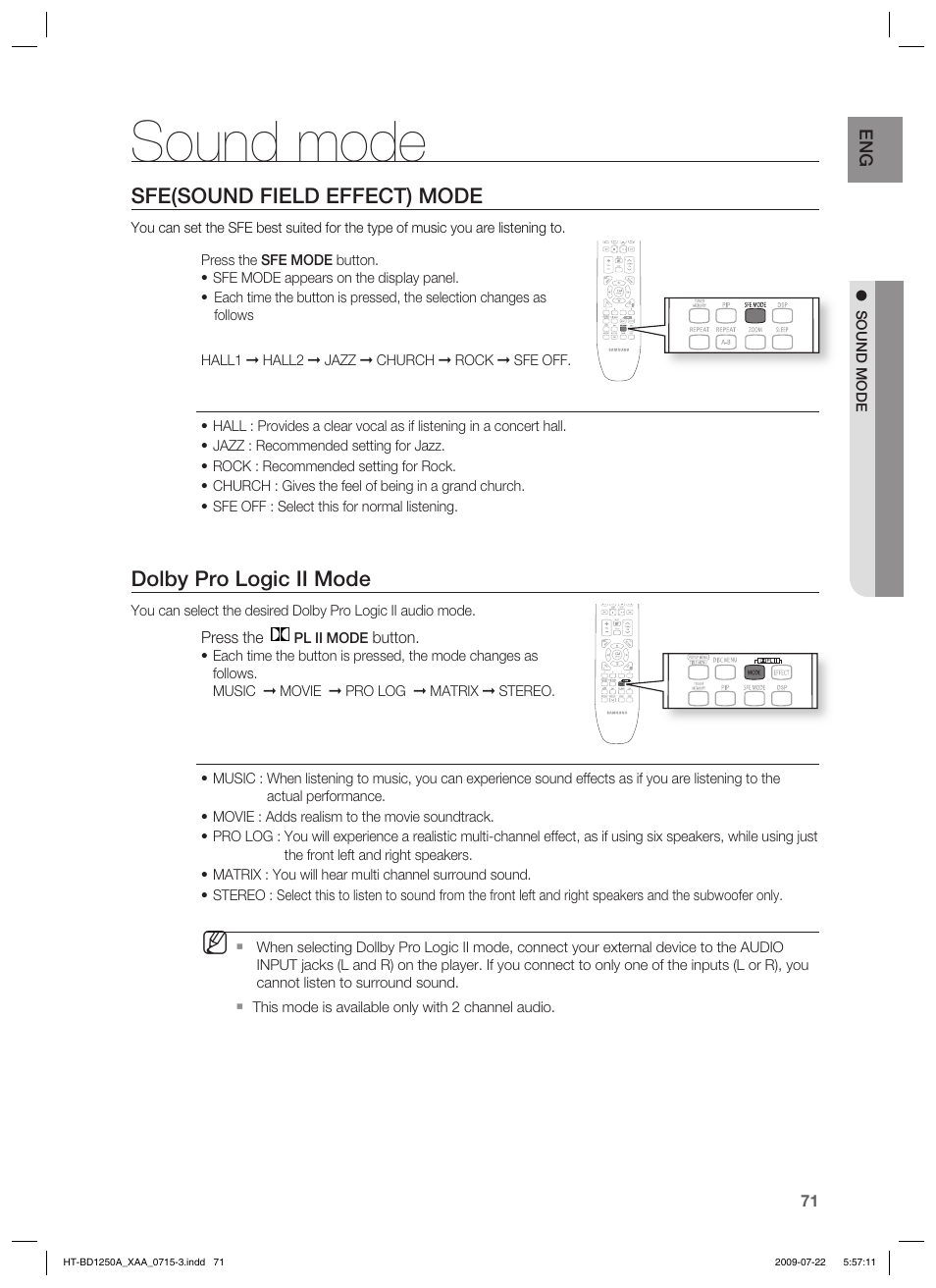 Sound mode, Sfe(sound field effect) mode, Dolby pro logic ii mode | Samsung HT-BD1250 User Manual | Page 71 / 108