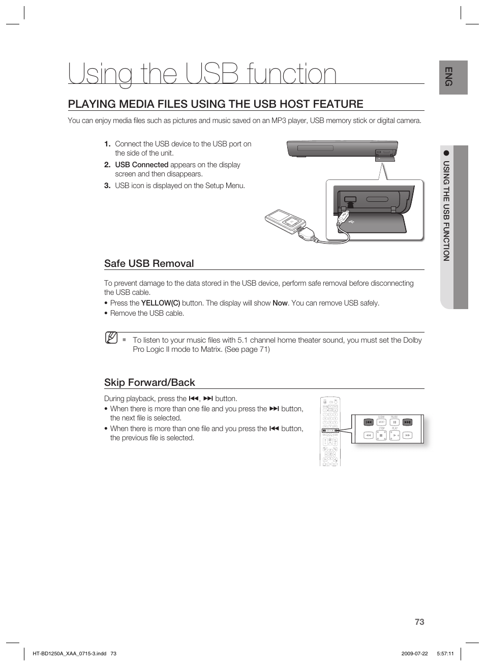 Using the usb function, Playing media files using the usb host feature | Samsung HT-BD1250 User Manual | Page 73 / 108