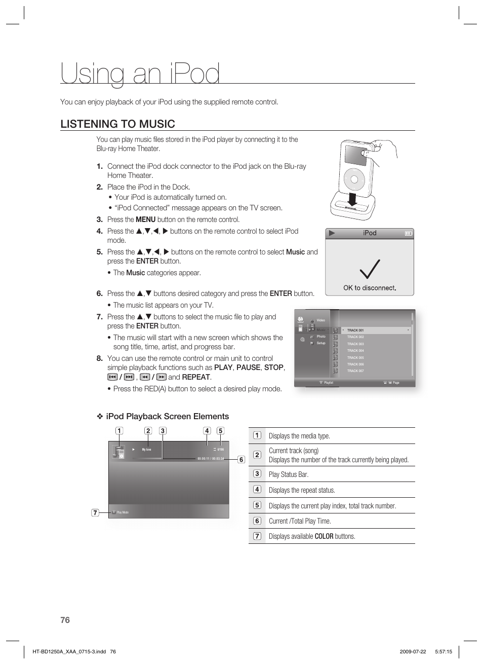 Using an ipod, Listening to music, Ipod playback screen elements | Samsung HT-BD1250 User Manual | Page 76 / 108