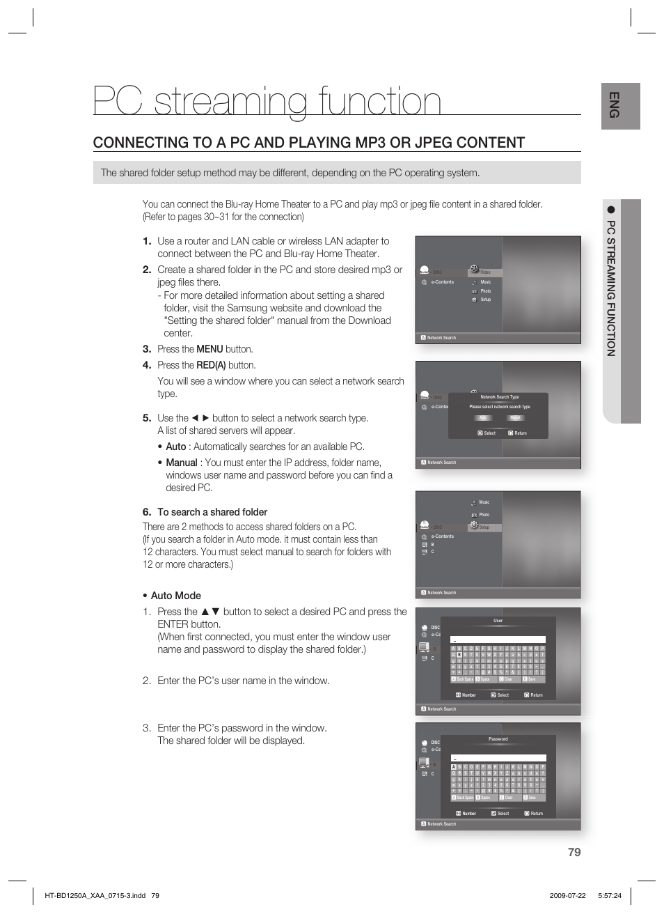 Pc streaming function, Connecting to a pc and playing mp3 or jpeg content, No disc | Samsung HT-BD1250 User Manual | Page 79 / 108