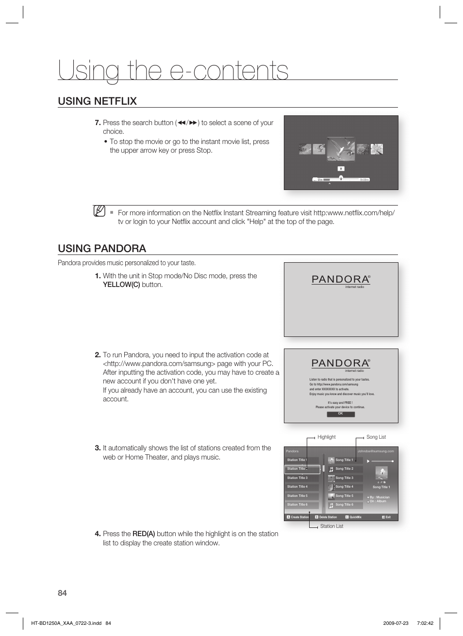 Using the e-contents, Using netflix, Using pandora | Pandora | Samsung HT-BD1250 User Manual | Page 84 / 108