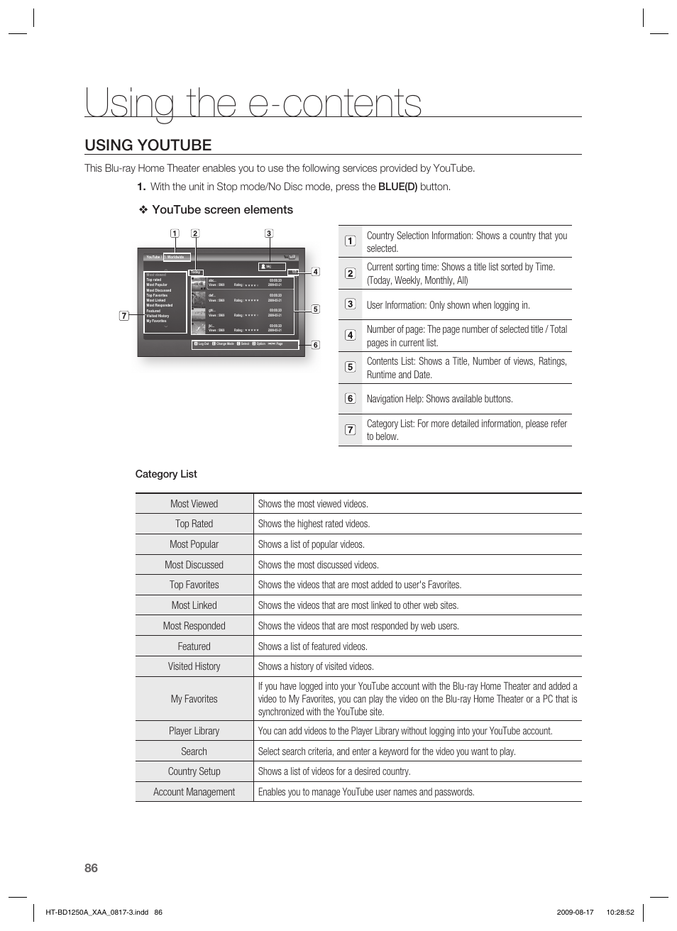 Using the e-contents, Using youtube, Youtube screen elements | Samsung HT-BD1250 User Manual | Page 86 / 108