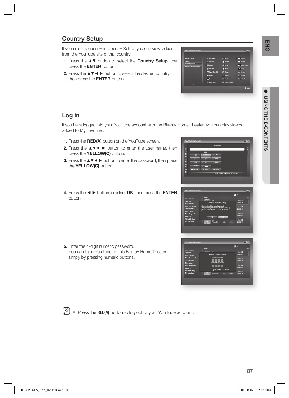 Country setup, Log in, Using the e-contents | Samsung HT-BD1250 User Manual | Page 87 / 108