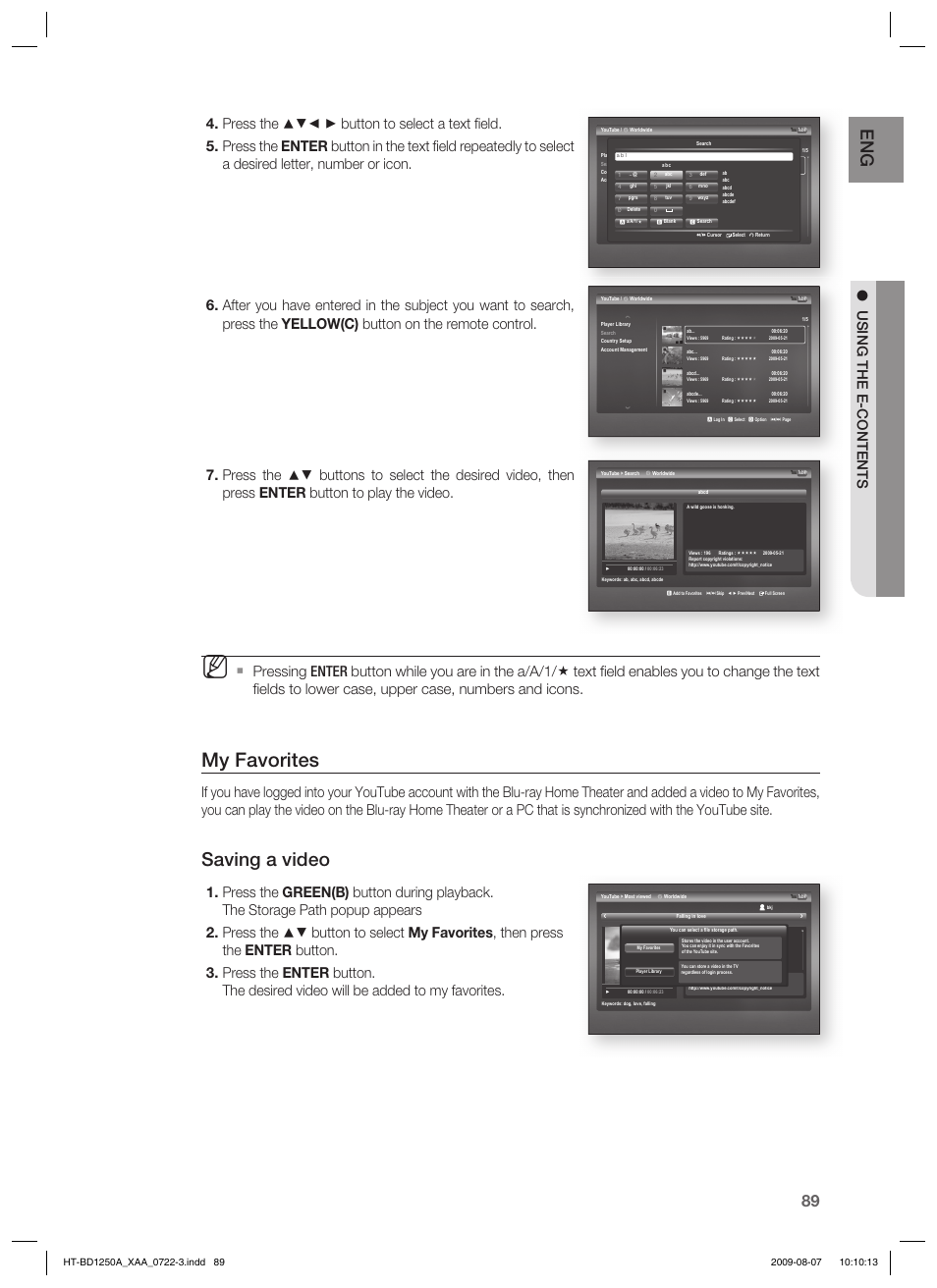 My favorites, Saving a video | Samsung HT-BD1250 User Manual | Page 89 / 108