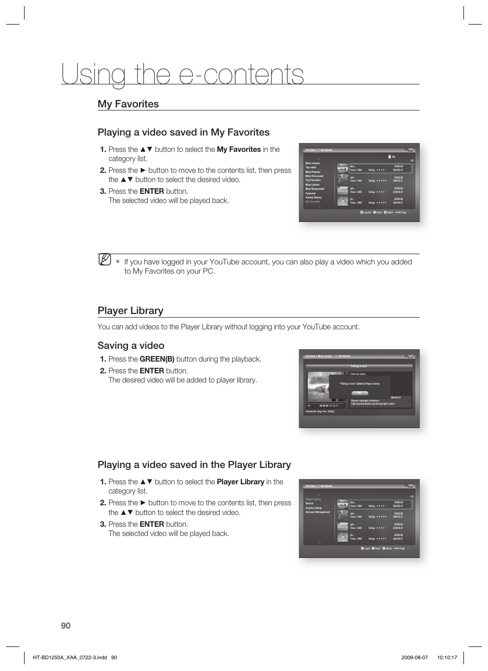 Using the e-contents, My favorites, Player library | Playing a video saved in my favorites, Saving a video, Playing a video saved in the player library | Samsung HT-BD1250 User Manual | Page 90 / 108