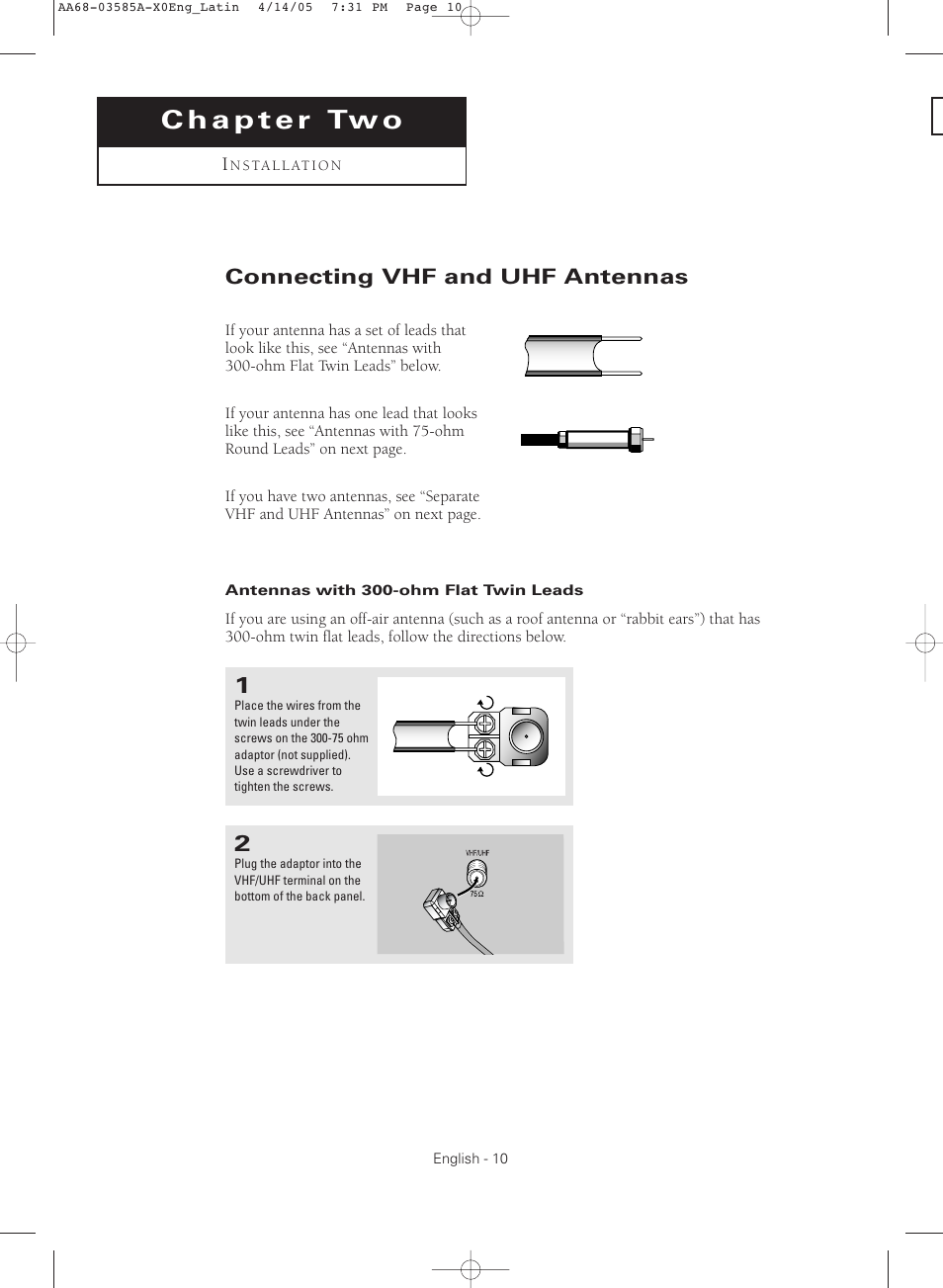 Chapter 2 : installation, Connecting vhf and uhf antennas, Antennas with 300-ohm flat twin leads | Samsung CL29M16MQD User Manual | Page 10 / 56