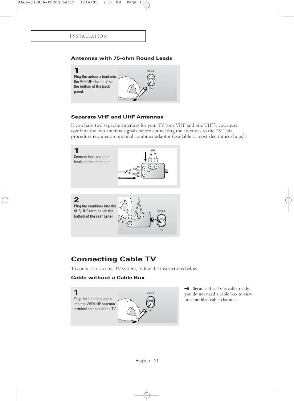 Antennas with 75-ohm round leads, Separate vhf and uhf antennas, Connecting cable tv | Cable without a cable box | Samsung CL29M16MQD User Manual | Page 11 / 56
