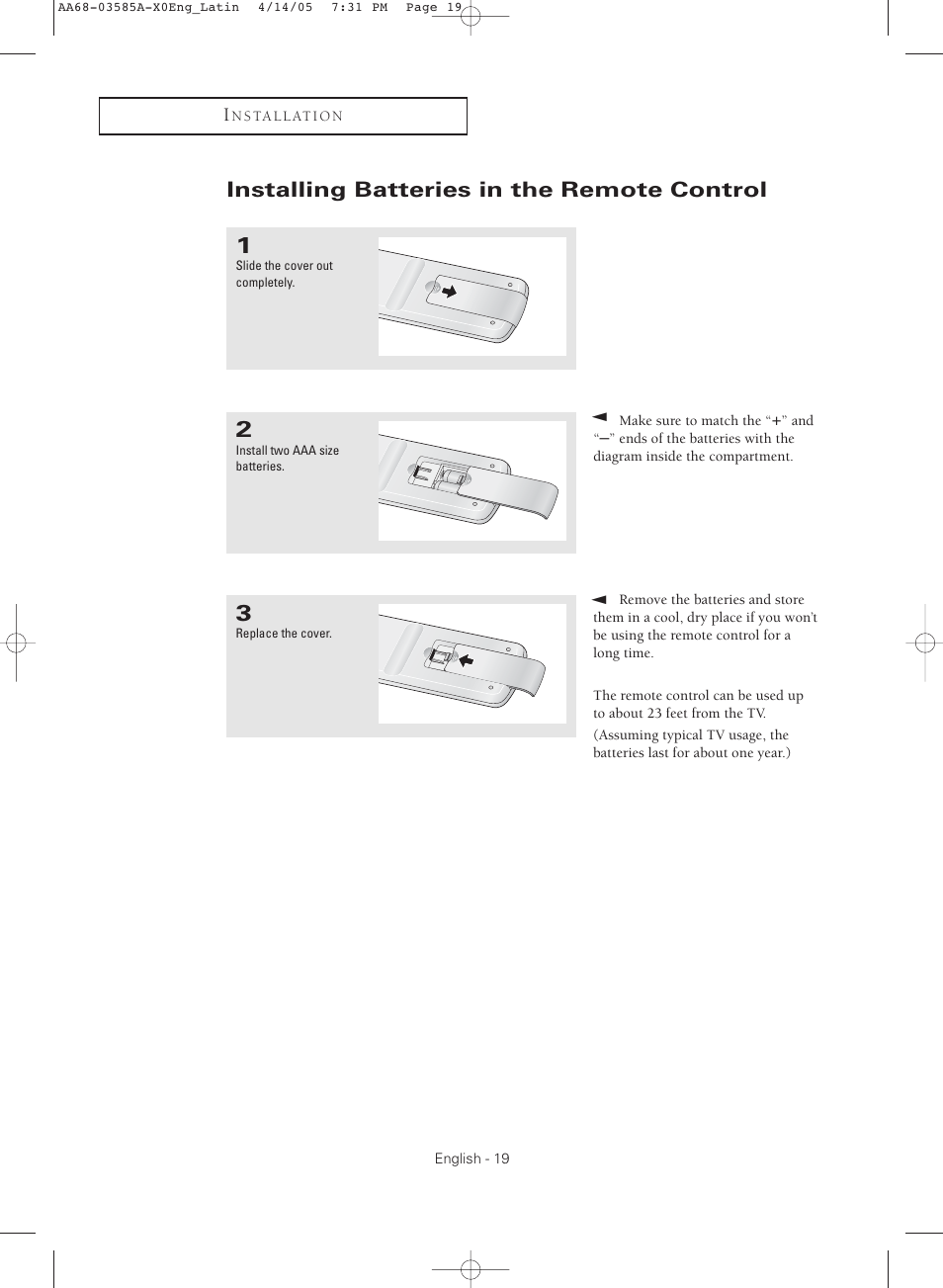 Installing batteries in the remote control | Samsung CL29M16MQD User Manual | Page 19 / 56