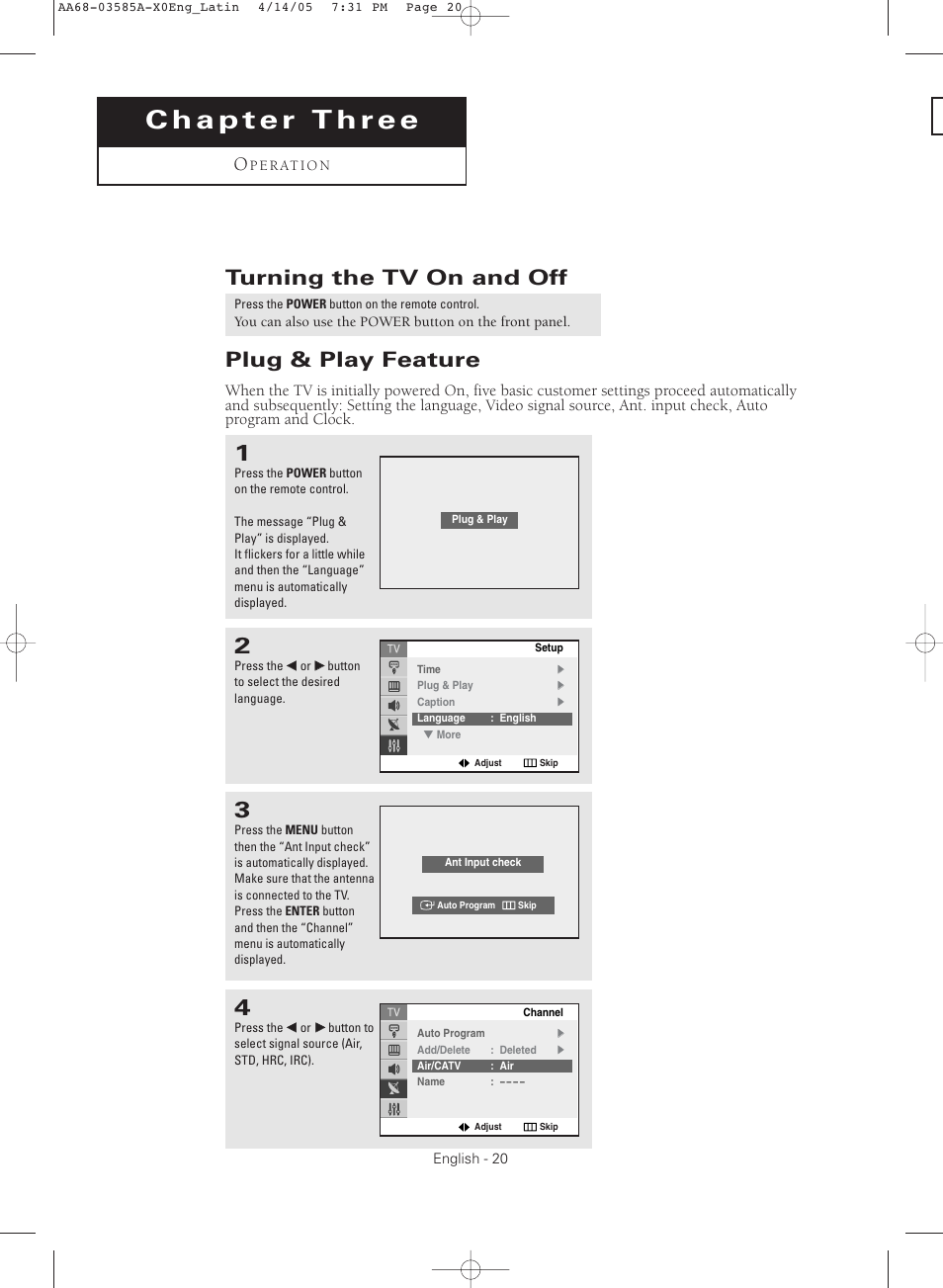 Chapter 3 : operation, Turning the tv on and off, Plug & play feature | Turning the tv on and off plug & play feature | Samsung CL29M16MQD User Manual | Page 20 / 56