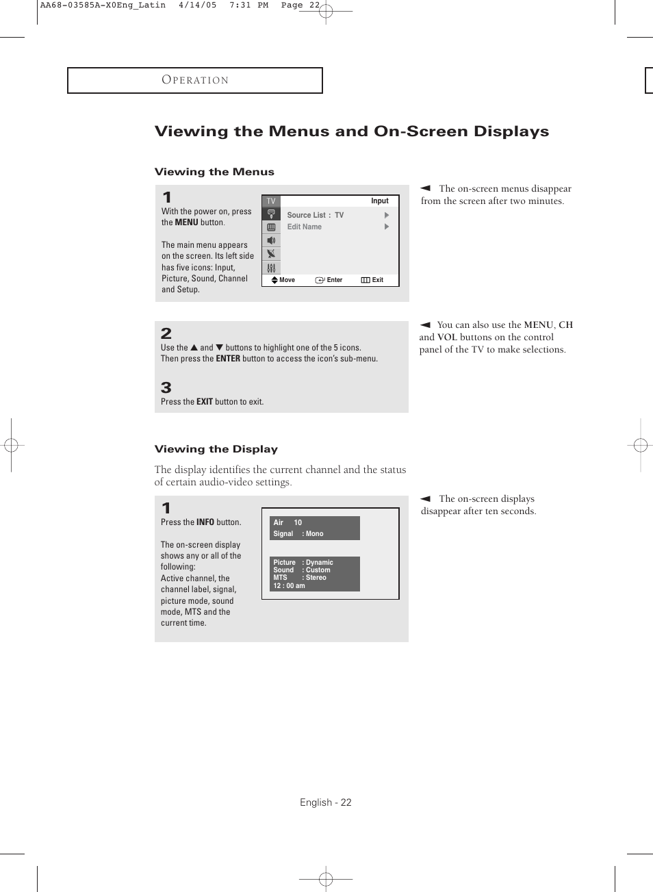 Viewing the menus and on-screen displays, Viewing the menus, Viewing the display | Samsung CL29M16MQD User Manual | Page 22 / 56