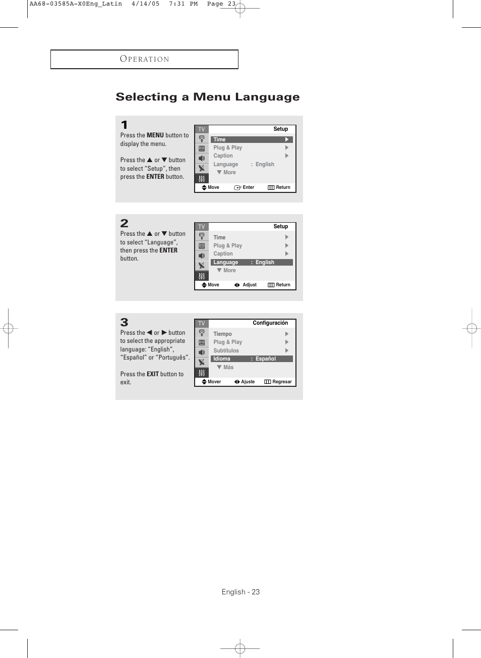 Selecting a menu language | Samsung CL29M16MQD User Manual | Page 23 / 56