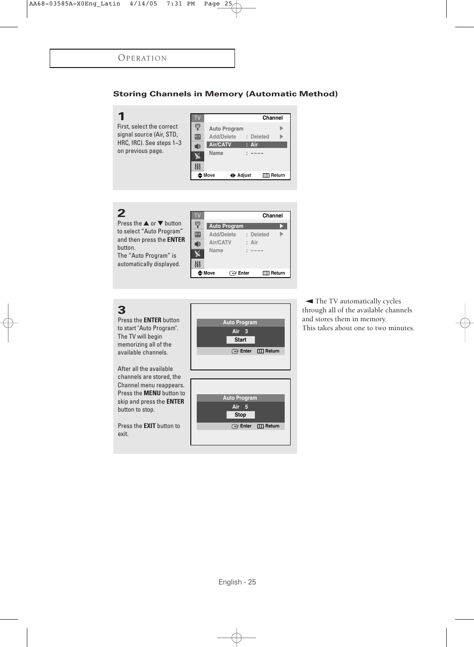 Storing channels in memory (automatic method) | Samsung CL29M16MQD User Manual | Page 25 / 56