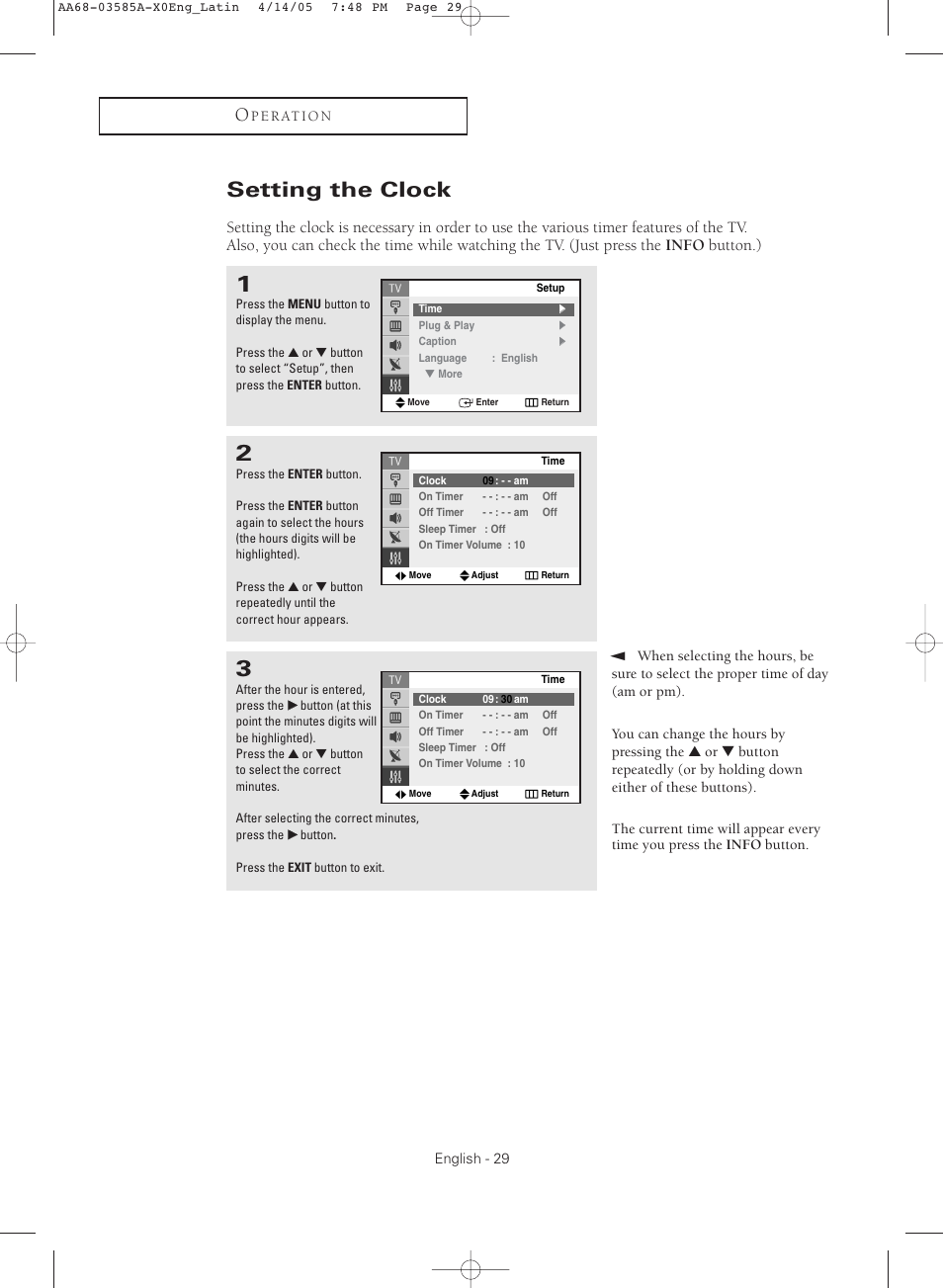 Setting the clock | Samsung CL29M16MQD User Manual | Page 29 / 56