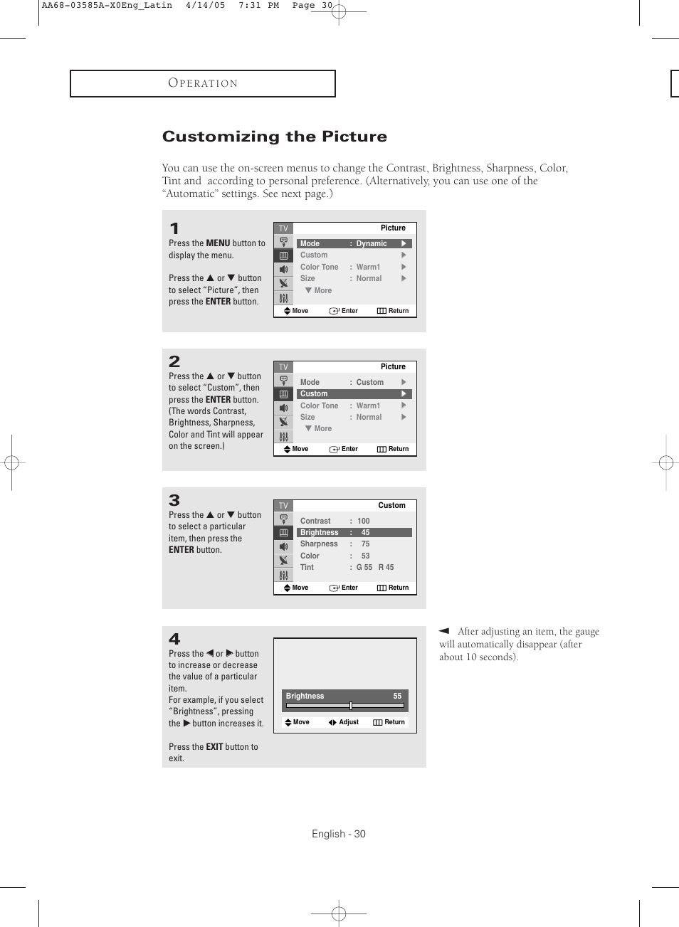 Customizing the picture | Samsung CL29M16MQD User Manual | Page 30 / 56