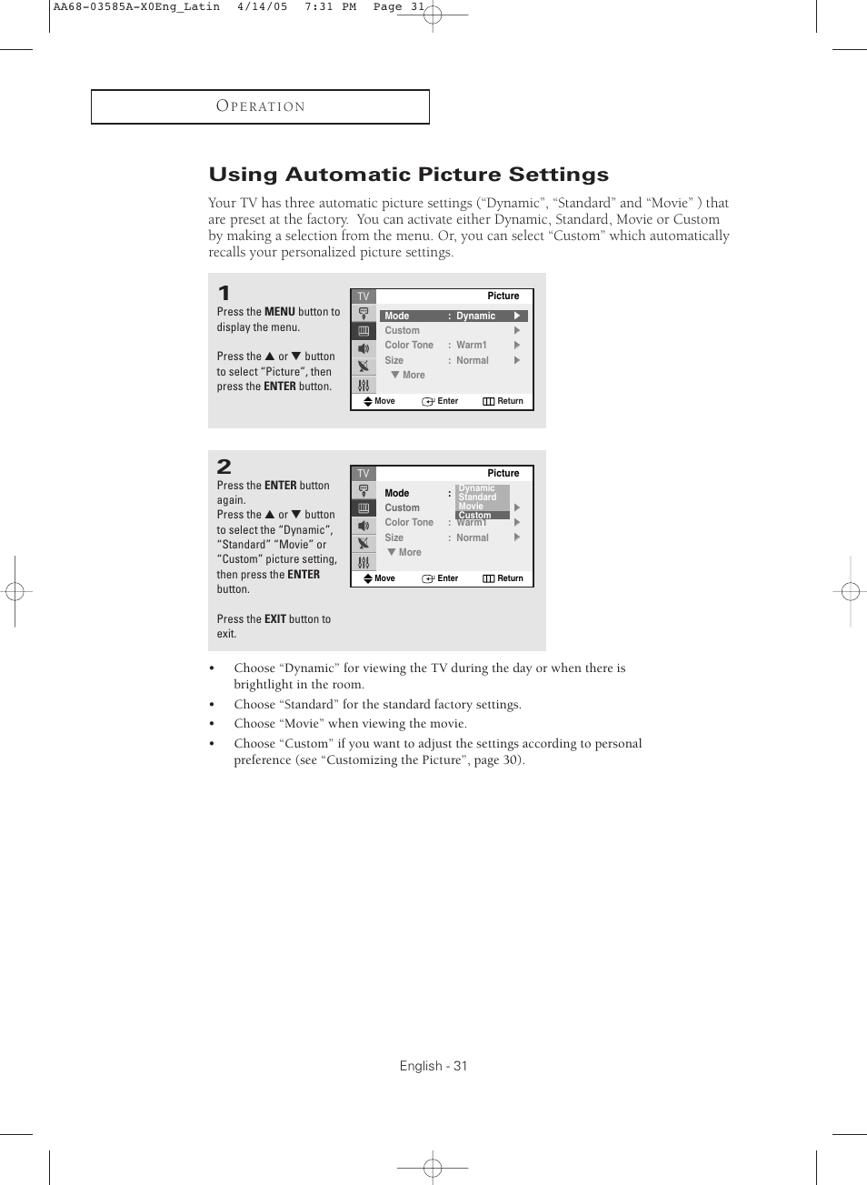 Using automatic picture settings | Samsung CL29M16MQD User Manual | Page 31 / 56