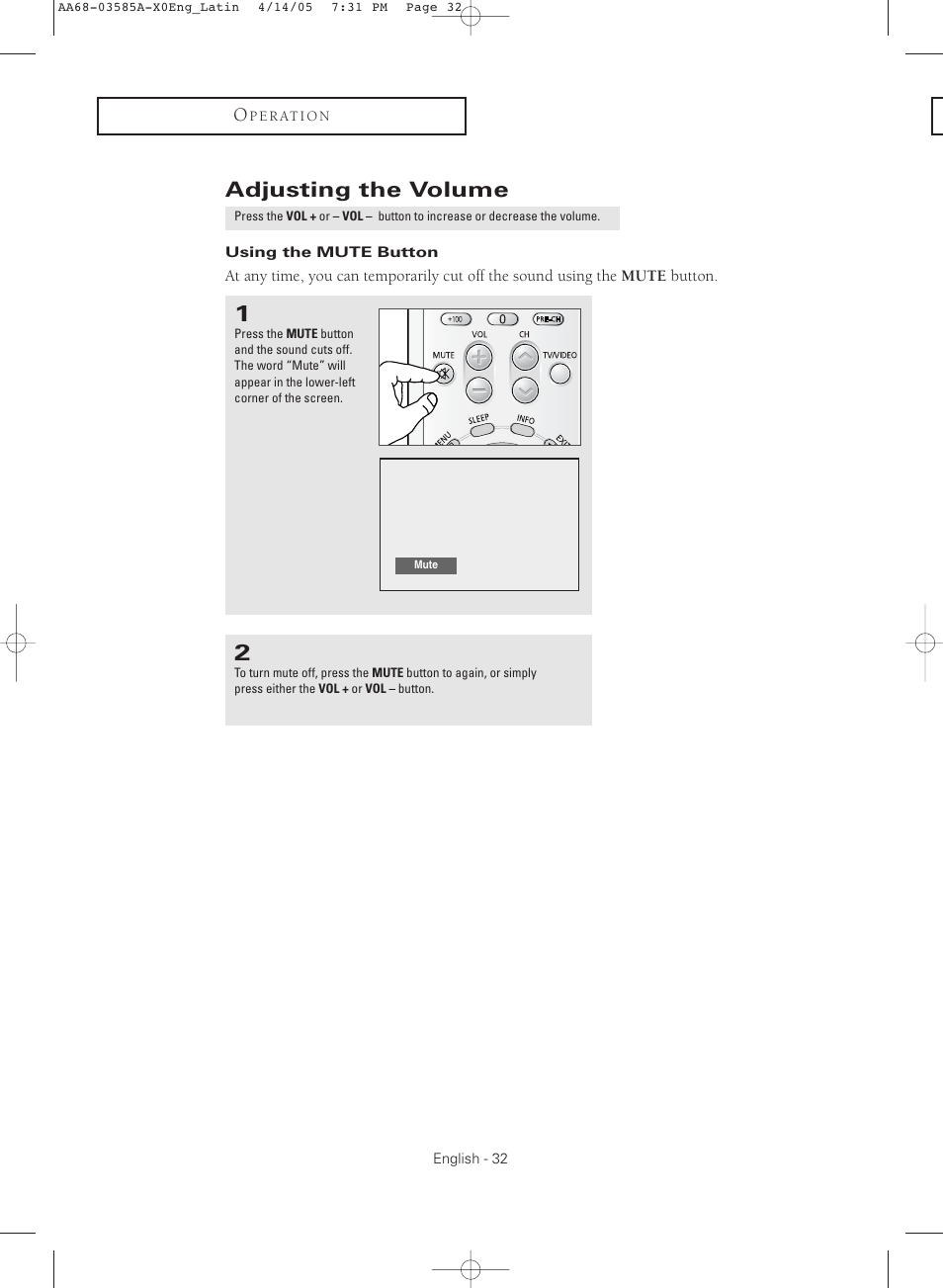 Adjusting the volume, Using the mute button | Samsung CL29M16MQD User Manual | Page 32 / 56