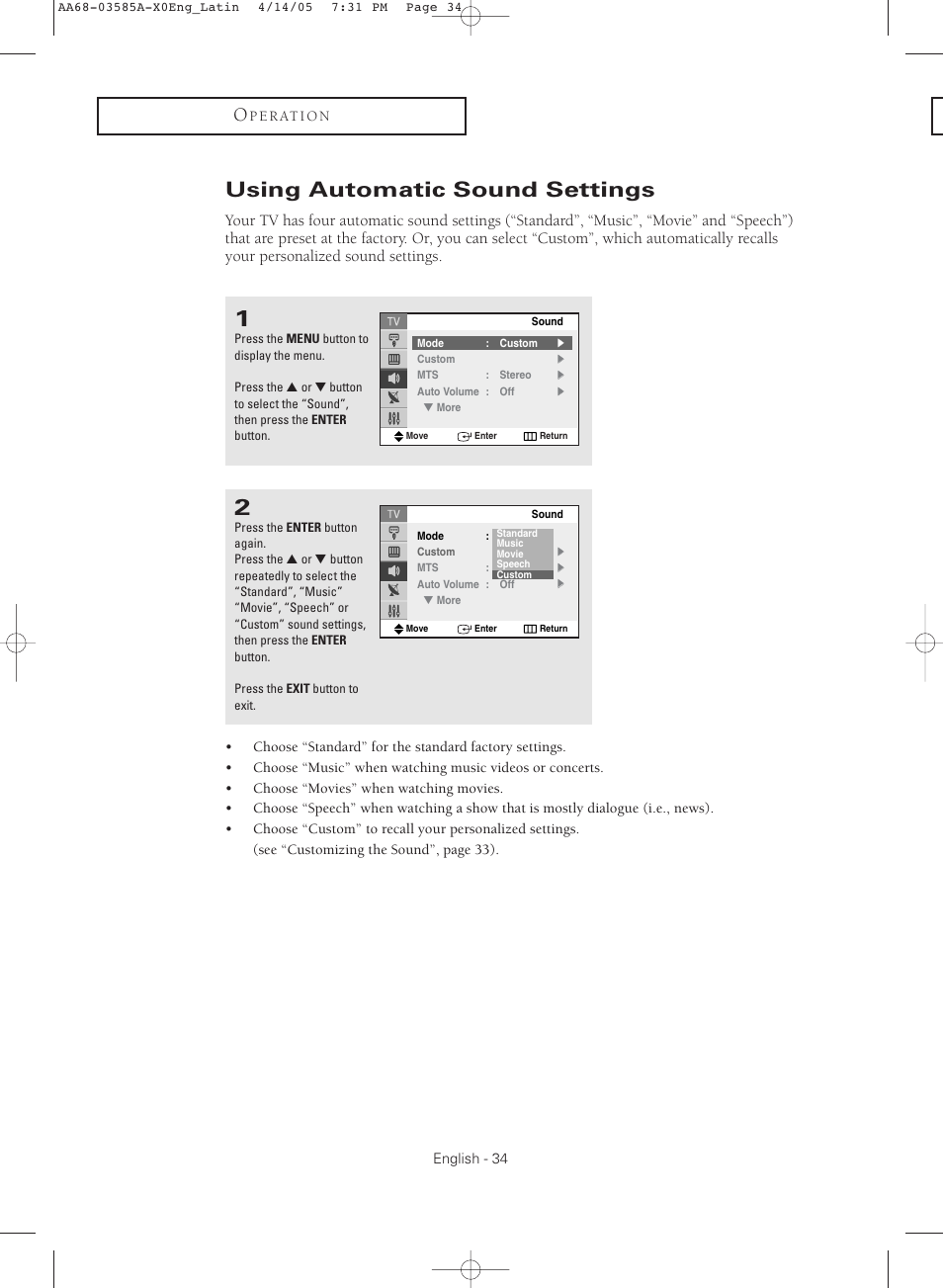 Using automatic sound settings | Samsung CL29M16MQD User Manual | Page 34 / 56