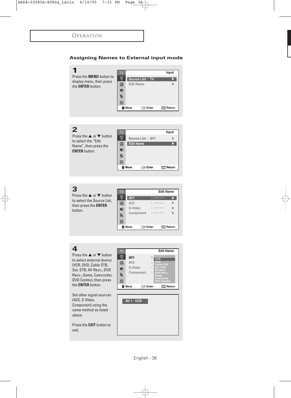 Assigning names to external input mode | Samsung CL29M16MQD User Manual | Page 36 / 56