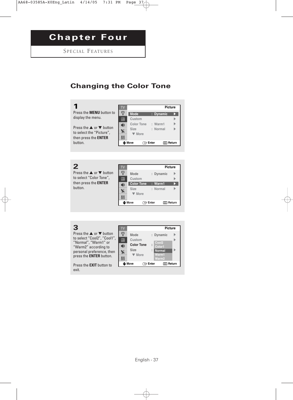 Chapter 4 : special features, Changing the color tone | Samsung CL29M16MQD User Manual | Page 37 / 56