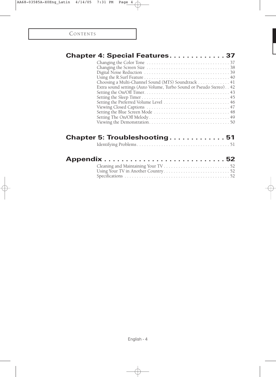 Chapter 4: special features, Chapter 5: troubleshooting, Appendix | Samsung CL29M16MQD User Manual | Page 4 / 56