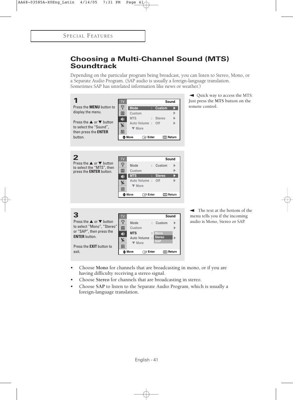 Choosing a multi-channel sound (mts) soundtrack | Samsung CL29M16MQD User Manual | Page 41 / 56